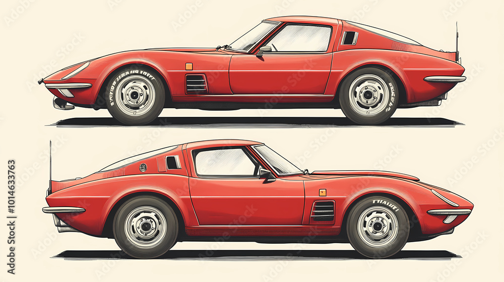 Retro sport car. Hand drawn car front back top and side view. Vector illustration Retro sport car. Hand drawn car front back top and side view. Vector illustration