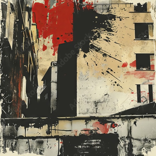 Dynamic urban abstract art featuring bold red and black paint splashes on building walls, capturing the essence of modern city life.