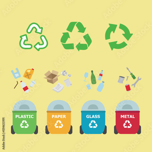 Recycling garbage separation collection trash green, yellow, blue, red with plastic, can, glass, metal recycle waste bins. Ecology design concept with set of symbol Signs isolated Vector Illustration.
