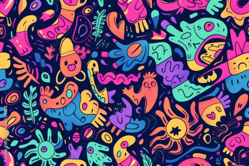 A lively and colorful abstract doodle art featuring various whimsical characters and shapes on a dark background. A lively and colorful abstract doodle art featuring various whimsical characters and shapes on a dark background.
