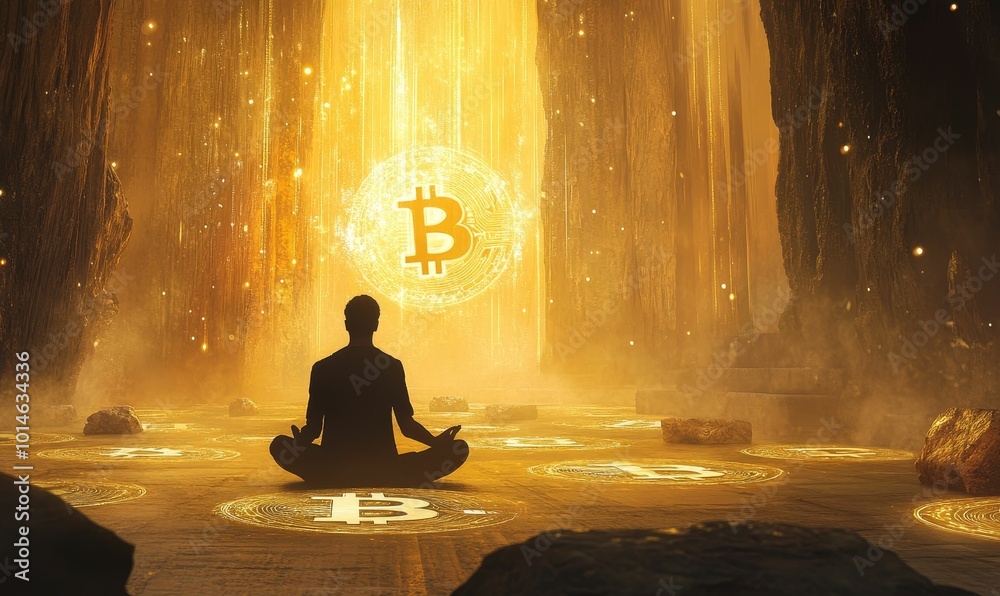 Meditating figure in golden Bitcoin landscape. Meditating figure in golden Bitcoin landscape.