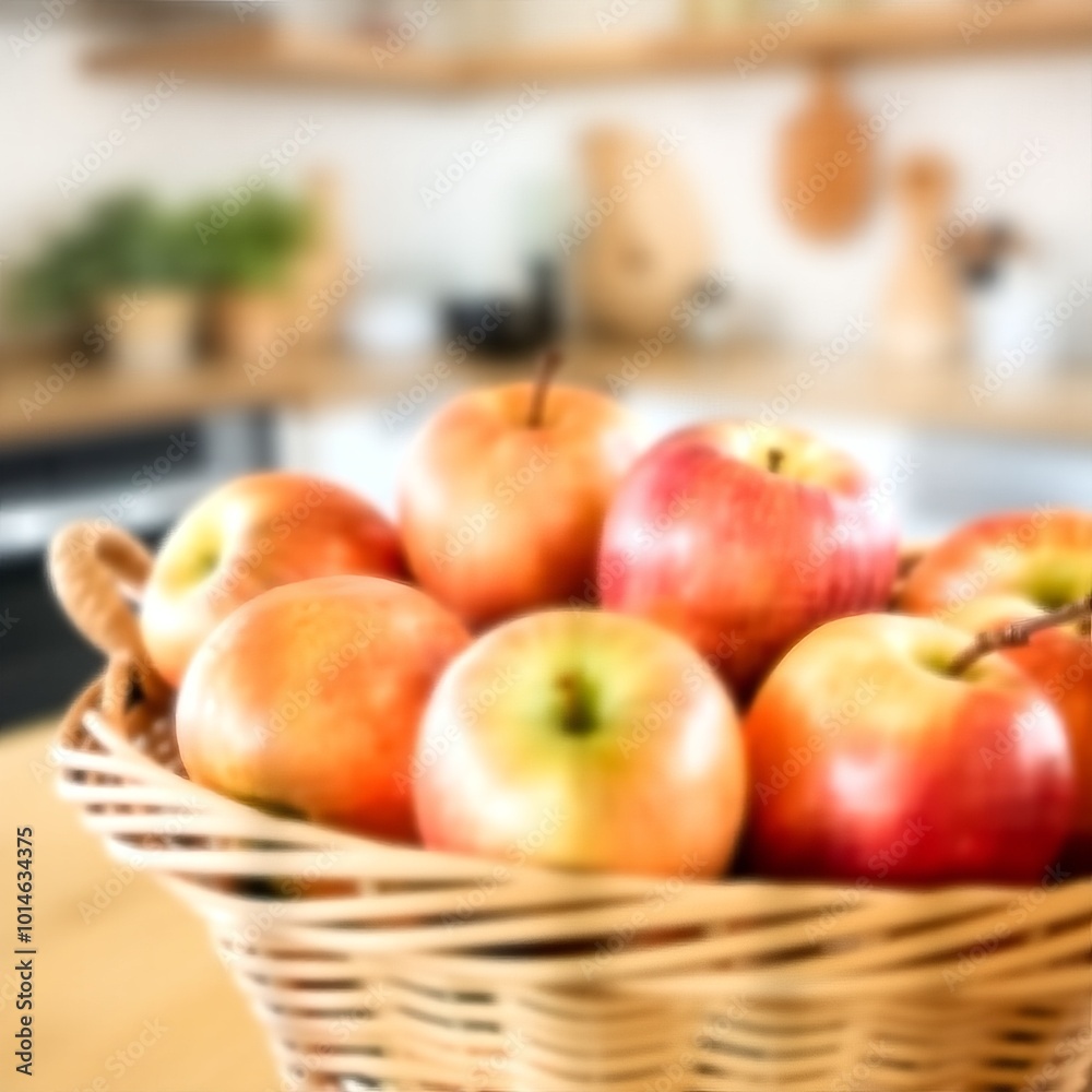 Sweet, red apples in a basket, a healthy and natural fruit in the blurred kitchen Sweet, red apples in a basket, a healthy and natural fruit in the blurred kitchen