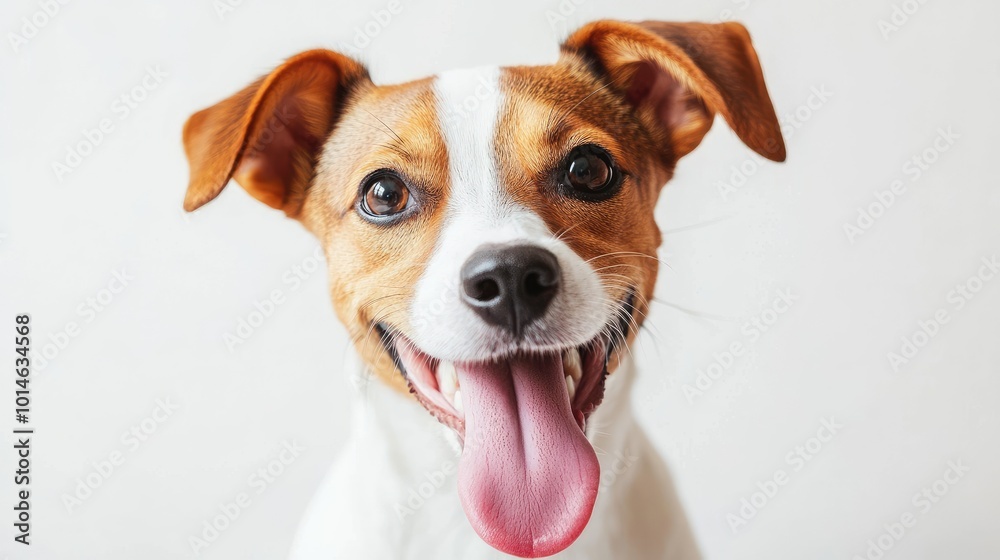 Cheerful dog sitting on a clean white background, gazing at the camera with its tongue playfully hanging out, full of excitement. Cheerful dog sitting on a clean white background, gazing at the camera with its tongue playfully hanging out, full of excitement.