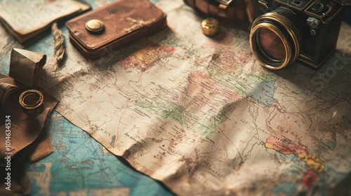 A vintage world map with old ornaments and display settings, symbolizing travel or adventure