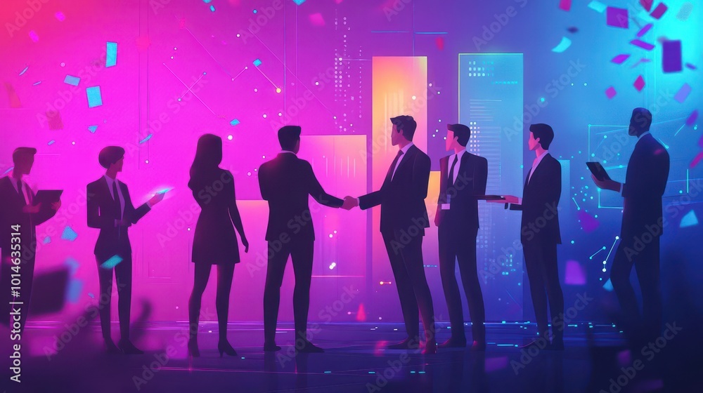 Corporate team achieving a breakthrough, diverse professionals shaking hands over a successful product launch, confetti falling, modern tech devices around Corporate team achieving a breakthrough, diverse professionals shaking hands over a successful product launch, confetti falling, modern tech devices around