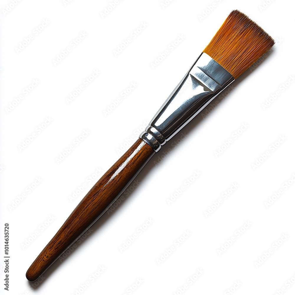 Traditional oil painting brush with a long wooden handle and firm square bristles lying flat on a pure white surface ready for expressive bold strokes Traditional oil painting brush with a long wooden handle and firm square bristles lying flat on a pure white surface ready for expressive bold strokes