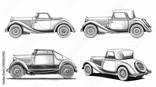 Retro sport car. Hand drawn car front back top and side view. Vector illustration