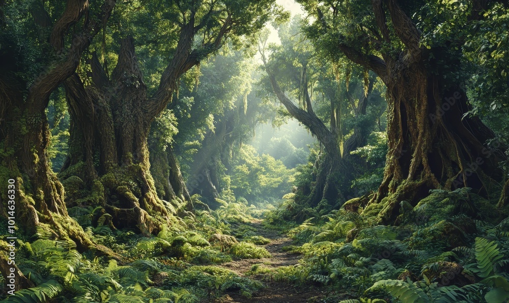 Fototapeta premium Sunlight filters through a dense, green jungle.