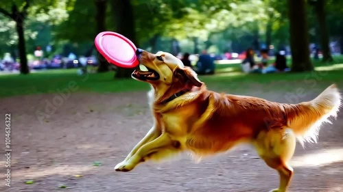 dog playing with ball , Playful dog chasing frisbee in park, Energetic dog running after frisbee outdoors
