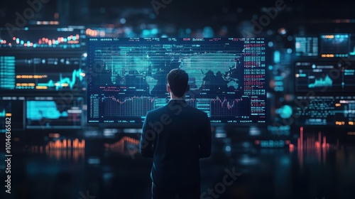 Investor standing in front of a virtual screen displaying global financial markets, dark background, glowing data points, futuristic theme, 3D rendering