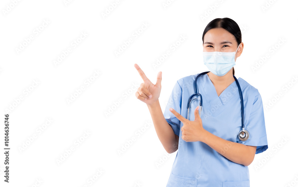 Cheerful nurse or doctor wear scrubs and protective face mask, pointing with both hands on a white background She wears stethoscope around neck, embodying professionalism, care, and positive attitude Cheerful nurse or doctor wear scrubs and protective face mask, pointing with both hands on a white background She wears stethoscope around neck, embodying professionalism, care, and positive attitude