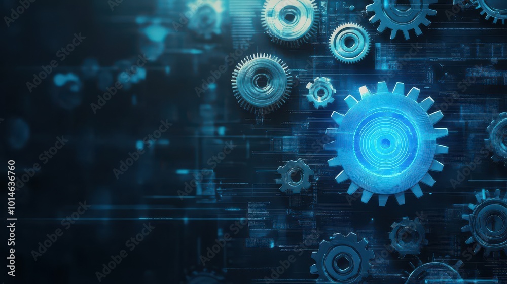 Metallic gears, holographic blue glow, mechanical machinery, futuristic background Metallic gears, holographic blue glow, mechanical machinery, futuristic background