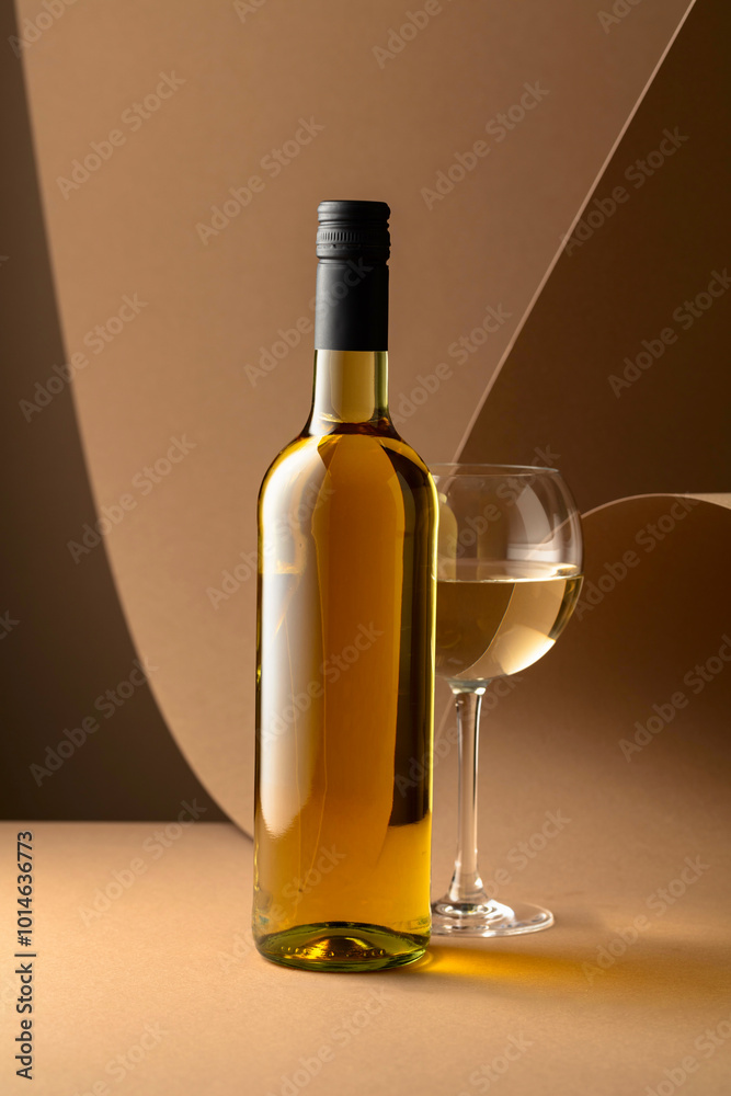 Bottle and glass of white wine on a beige background. Bottle and glass of white wine on a beige background.