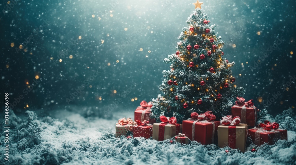 Obraz premium Festive Christmas Tree with Gifts in Snowy Atmosphere