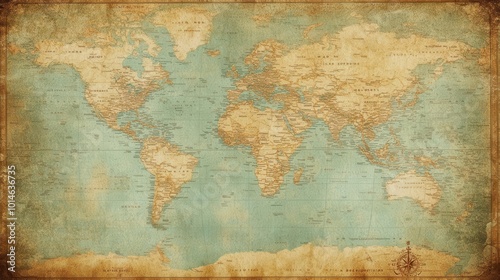 A vintage world map with old ornaments and display settings, symbolizing travel or adventure