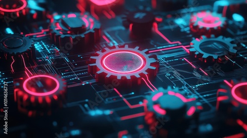 Mechanical gears, neon circuit patterns, futuristic machinery, holographic touch, dark background photo