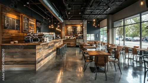 A cafe interior with polished concrete floors, wood accents in furniture and walls, and a stylish blend of modern and rustic elements.