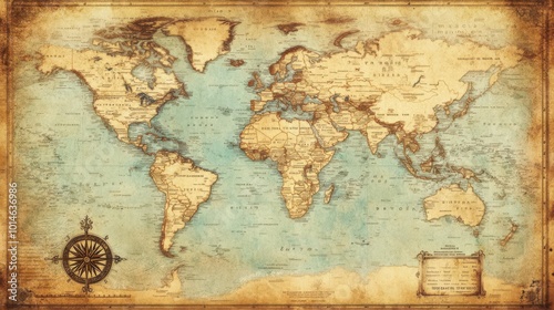 A vintage world map with old ornaments and display settings, symbolizing travel or adventure