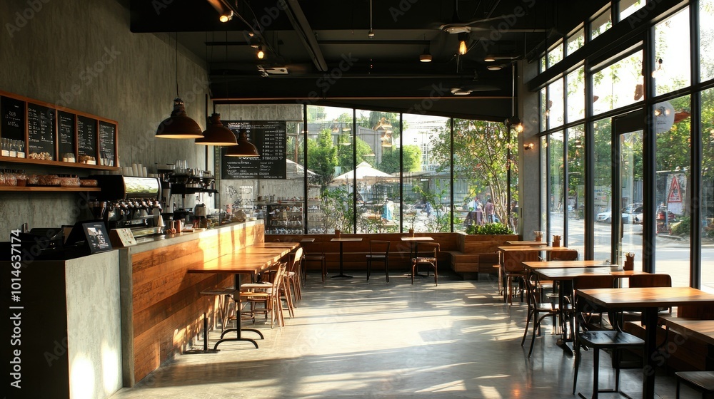 A modern cafe with a rustic twist--sleek concrete floors, wooden tabletops, and large glass windows framing the space. A modern cafe with a rustic twist--sleek concrete floors, wooden tabletops, and large glass windows framing the space.