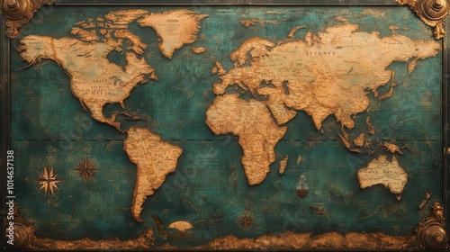 A vintage world map with old ornaments and display settings, symbolizing travel or adventure