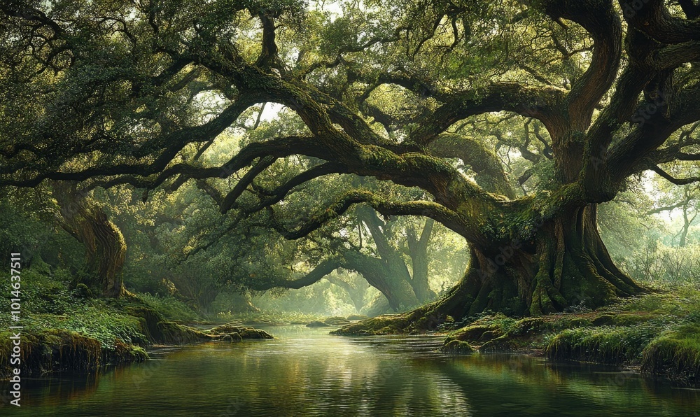 A creek winds through a mossy, sun-dappled forest. A creek winds through a mossy, sun-dappled forest.