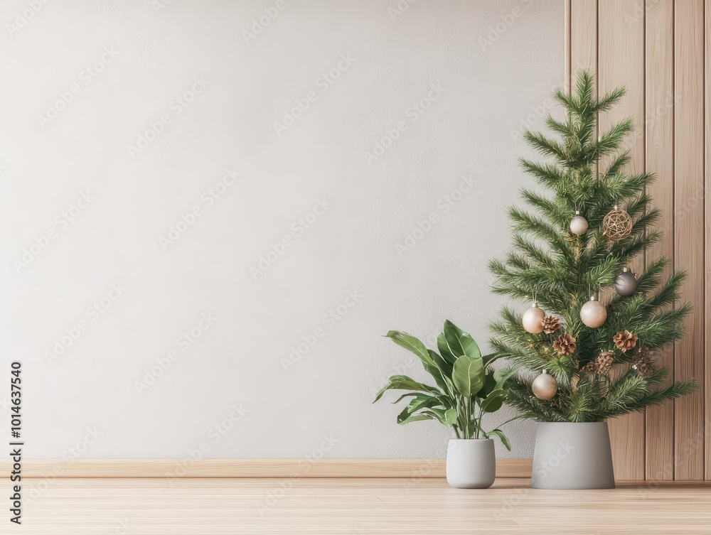 Fototapeta premium Scandinavianstyle room with simple Christmas tree and natural decor, 3D illustration
