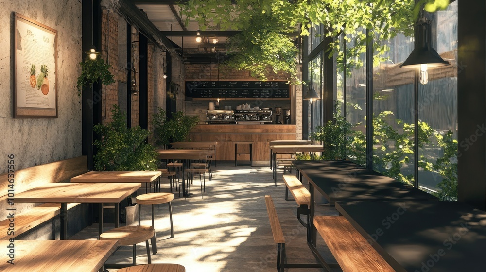 Fototapeta premium A stylish cafe corner with wooden benches, sleek black tables, and a blend of modern and rustic design, featuring natural lighting.