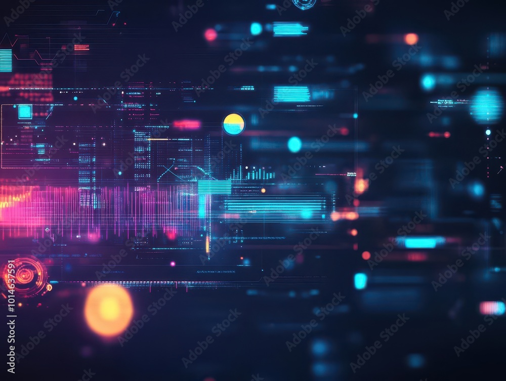 Science data holograms, digital interface, futuristic graphs, dark background with glowing data points