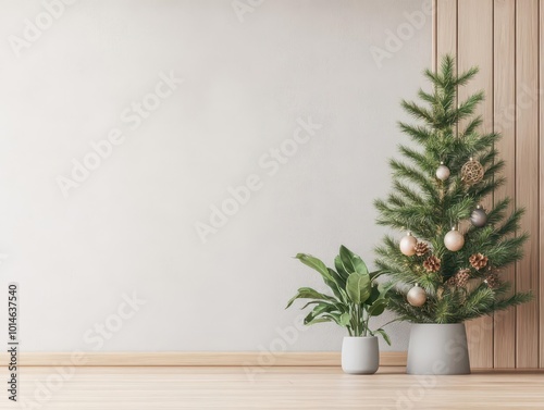 Scandinavianstyle room with simple Christmas tree and natural decor, 3D illustration