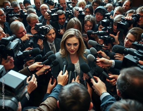 A female politician surrounded by microphones from press members, giving a statement. photo