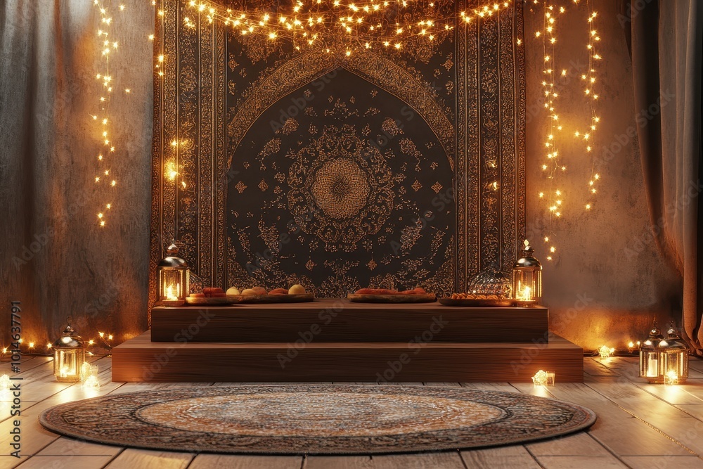 Obraz premium A cozy, illuminated space with a decorative rug and lanterns, ideal for relaxation or meditation.