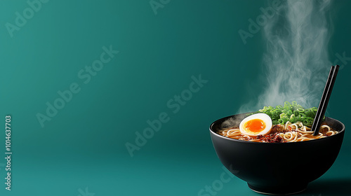 Delicious bowl of ramen with eggs, green onions, and steam against a teal background copy space