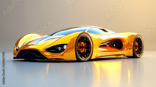 Sport car; light, yellow, gold, white on background. 3D illustration