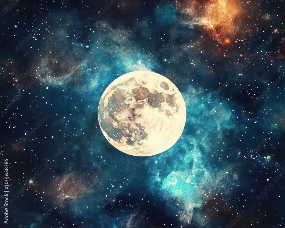 Obraz premium Watercolor moonscape featuring a luminous full moon, casting a soft glow on a starry sky with vibrant nebulae swirling around