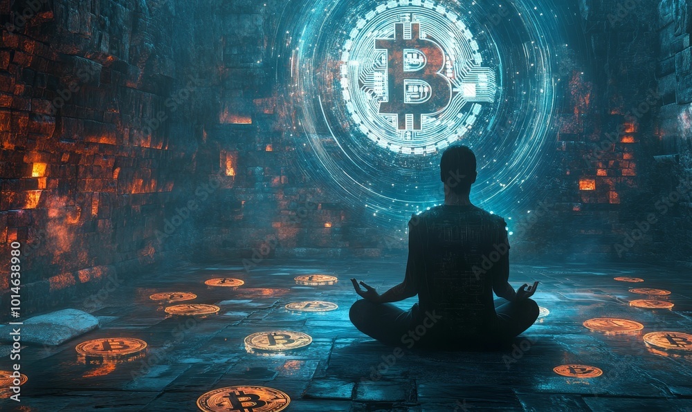 A person meditates before a glowing Bitcoin symbol. A person meditates before a glowing Bitcoin symbol.