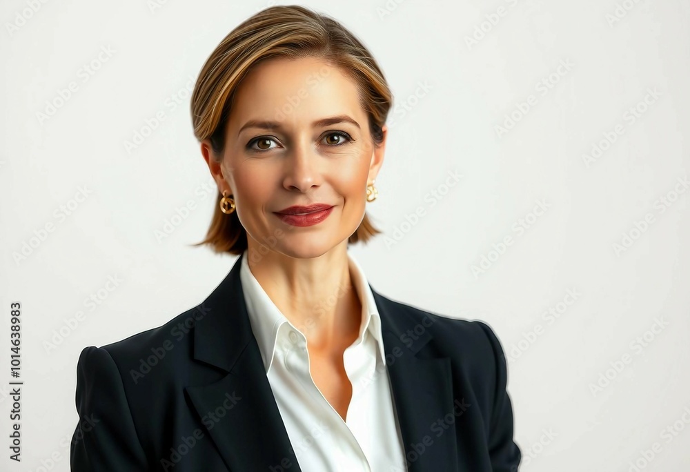 Portrait of a middle-aged female politician and businesswoman in formal attire, isolated on a plain white background. Portrait of a middle-aged female politician and businesswoman in formal attire, isolated on a plain white background.