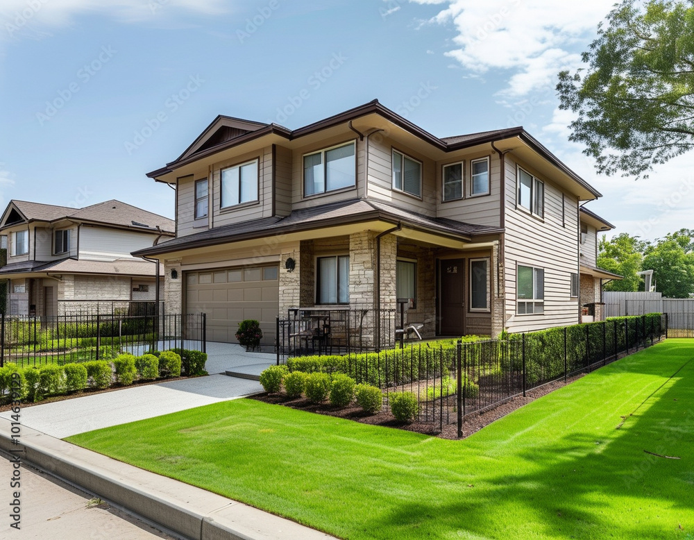 A two-story duplex with light brown siding and a sloped roof, featuring an attached garage for each unit and a spacious backyard.