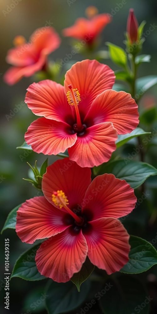 Bright red hibiscus flowers showcase intricate petals in flourishing garden. The lush greenery creates a vibrant backdrop for their beauty. Hibiscus is large genus of plants in Malvaceae family. AI Bright red hibiscus flowers showcase intricate petals in flourishing garden. The lush greenery creates a vibrant backdrop for their beauty. Hibiscus is large genus of plants in Malvaceae family. AI