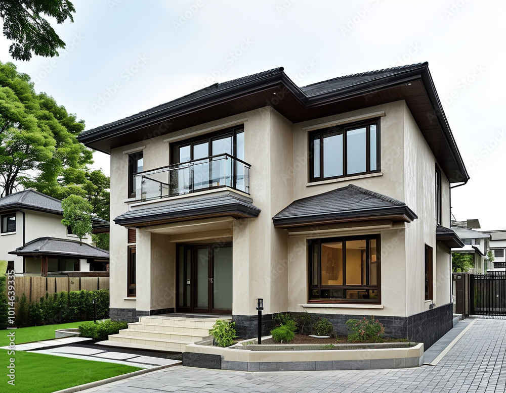 A cozy duplex with a beige exterior and charming wooden accents around the windows and doors. Each unit has its own small front porch with space for potted plants or seating.