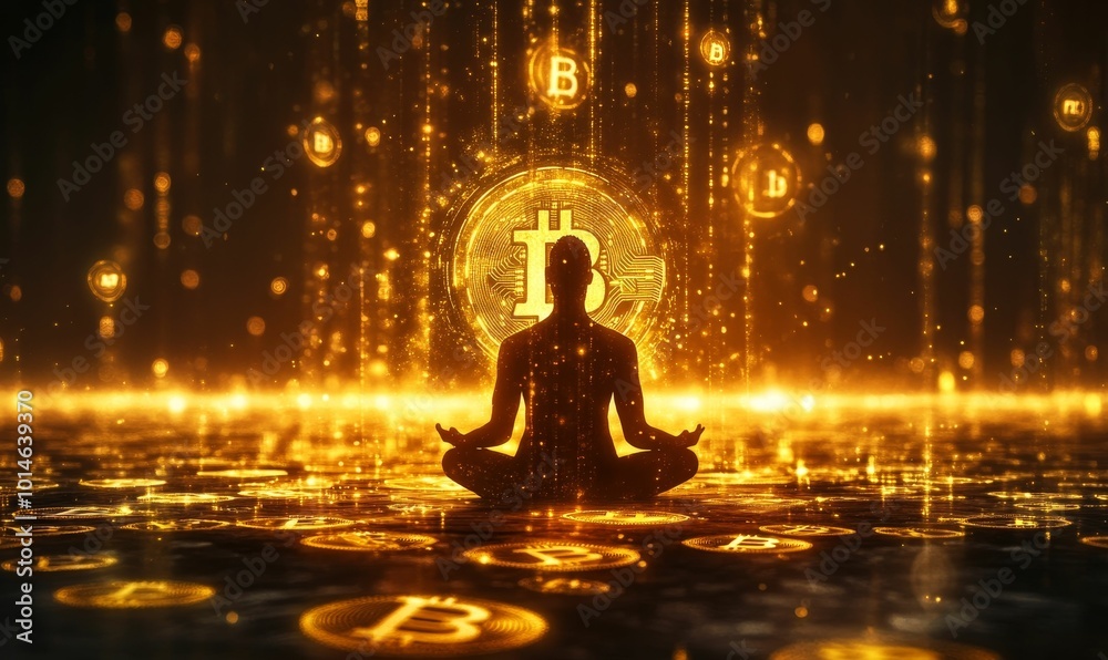 Silhouette meditating, surrounded by glowing Bitcoin symbols.