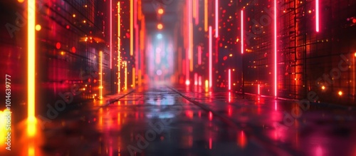 Neon Lit Futuristic City Tunnel with Glowing Reflections and Surreal Atmosphere  This image depicts a vibrant cyberpunk inspired city landscape with towering skyscrapers neon lights photo