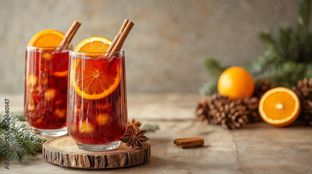 Two glasses of mulled wine with orange slices and spices on rustic table Two glasses of mulled wine with orange slices and spices on rustic table