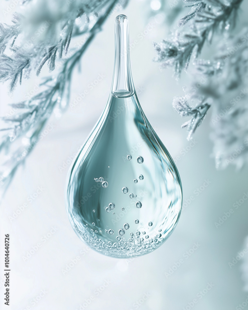 Glass teardrop bottle with bubbles on frosted branch background