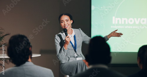 Fotografie Speaker, woman and presentation for innovation workshop or corporate responsibility as employees