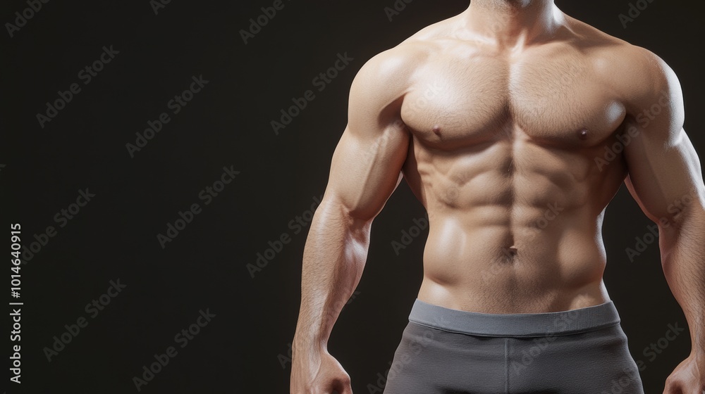 Muscular Male Torso Displaying Defined Abs and Pectoral Muscles in Low Light Setting, AI Muscular Male Torso Displaying Defined Abs and Pectoral Muscles in Low Light Setting, AI