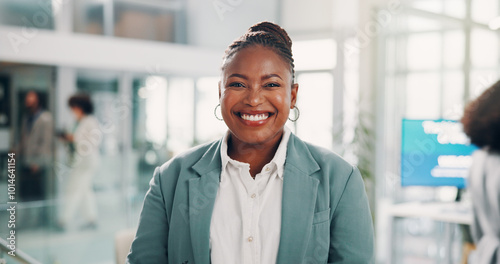 Tableau sur toile Career, black woman and portrait in office for business, laughing and pride for conference