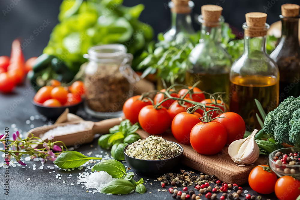 A colorful array of fresh tomatoes, herbs, and spices sits on the kitchen counter, paired with olive oil and essential cooking items, showcasing a culinary setup A colorful array of fresh tomatoes, herbs, and spices sits on the kitchen counter, paired with olive oil and essential cooking items, showcasing a culinary setup