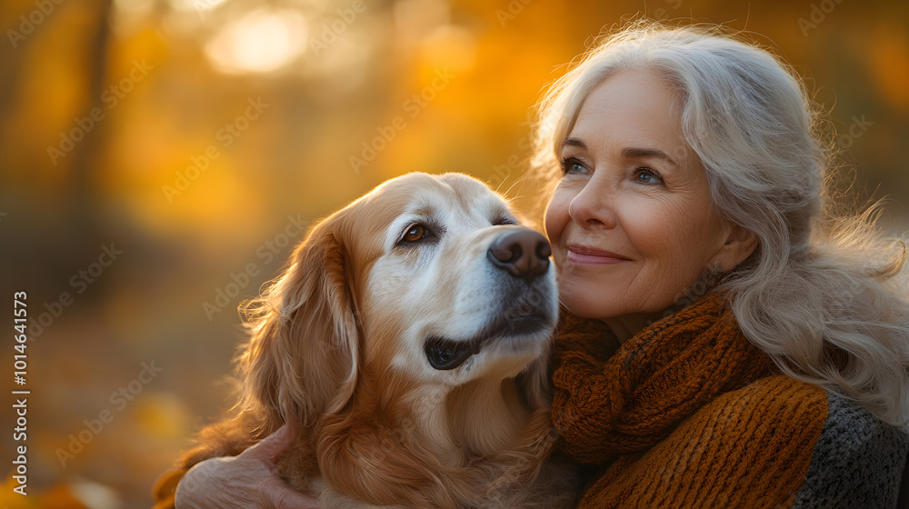 A golden retriever dog is hugging an elderly woman in a cozy living room, showcasing a heartwarming moment of companionship and love between the pet and its owner. The warm lighting and relaxed atmosp A golden retriever dog is hugging an elderly woman in a cozy living room, showcasing a heartwarming moment of companionship and love between the pet and its owner. The warm lighting and relaxed atmosp
