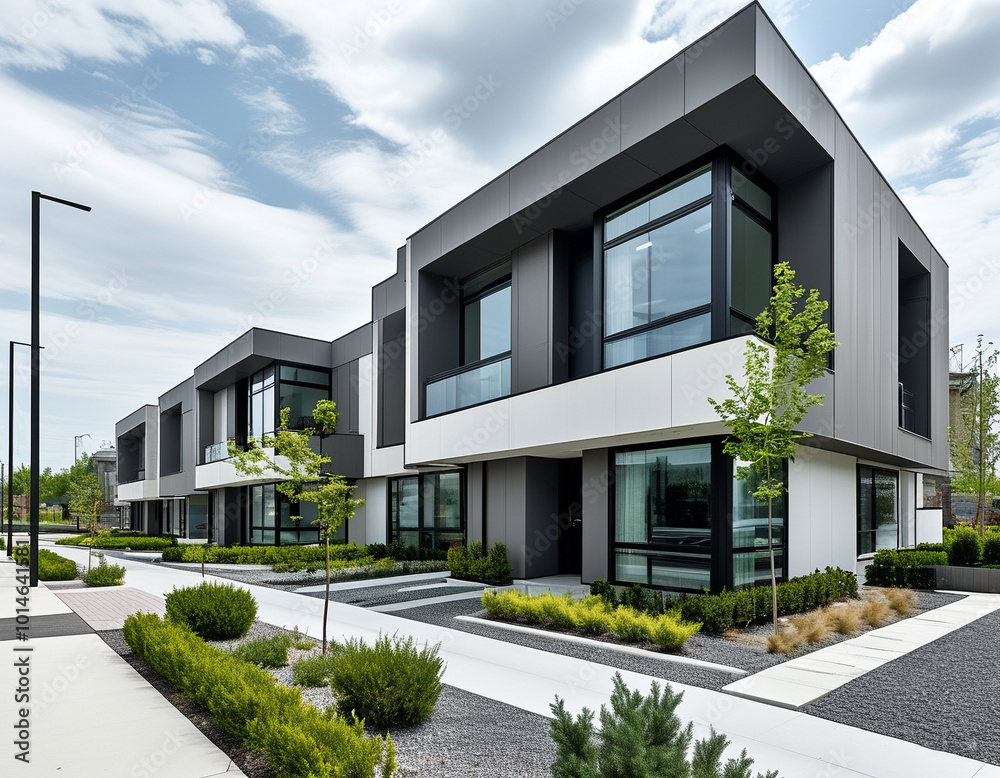 A modern duplex with a simple, sleek exterior design, featuring clean lines and neutral tones of gray and white. A modern duplex with a simple, sleek exterior design, featuring clean lines and neutral tones of gray and white.