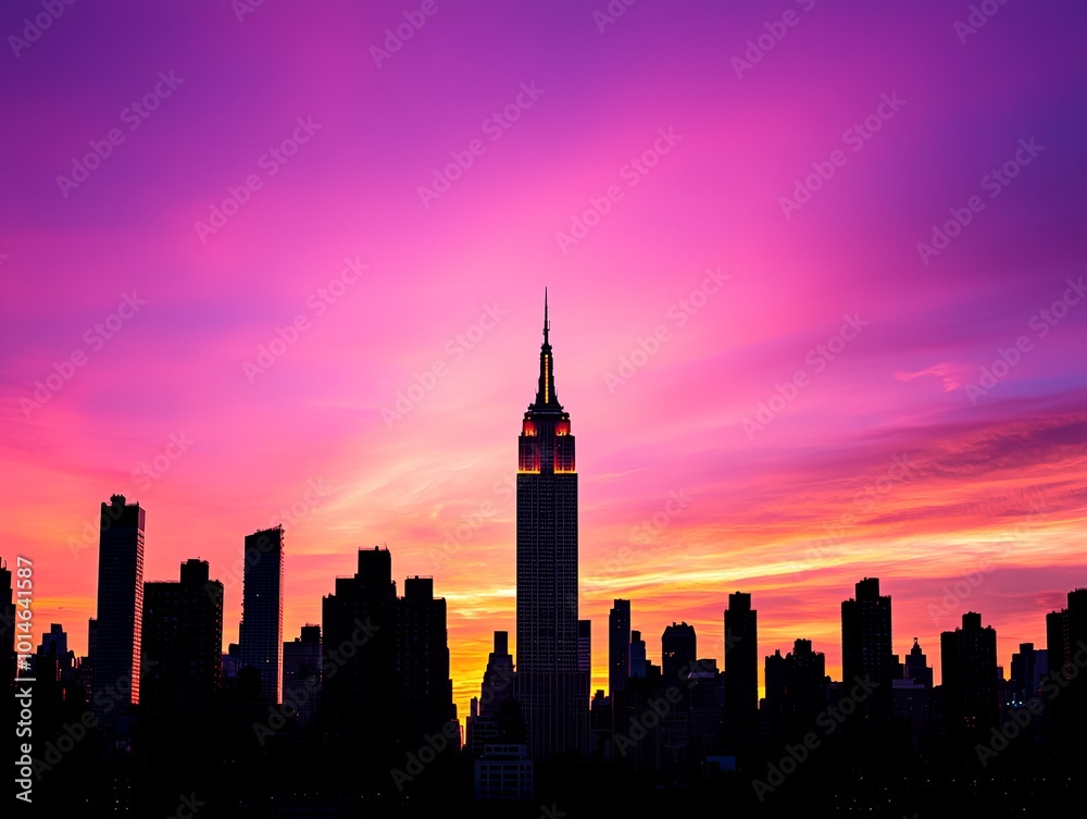 Stunning sunset silhouette of a city skyline, featuring an iconic skyscraper against a vibrant purple and orange sky. Stunning sunset silhouette of a city skyline, featuring an iconic skyscraper against a vibrant purple and orange sky.